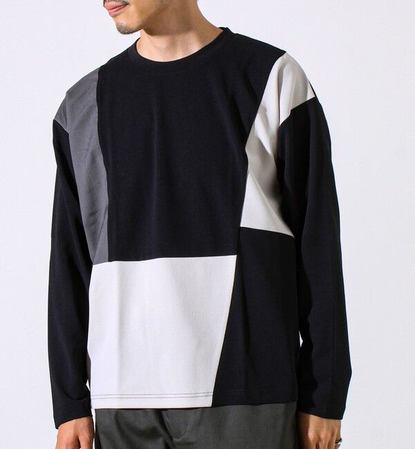 GLOSTER「【異素材MIXで着映え】カットジョーゼット パネル切替ロンT」|Tシャツ・カットソー|