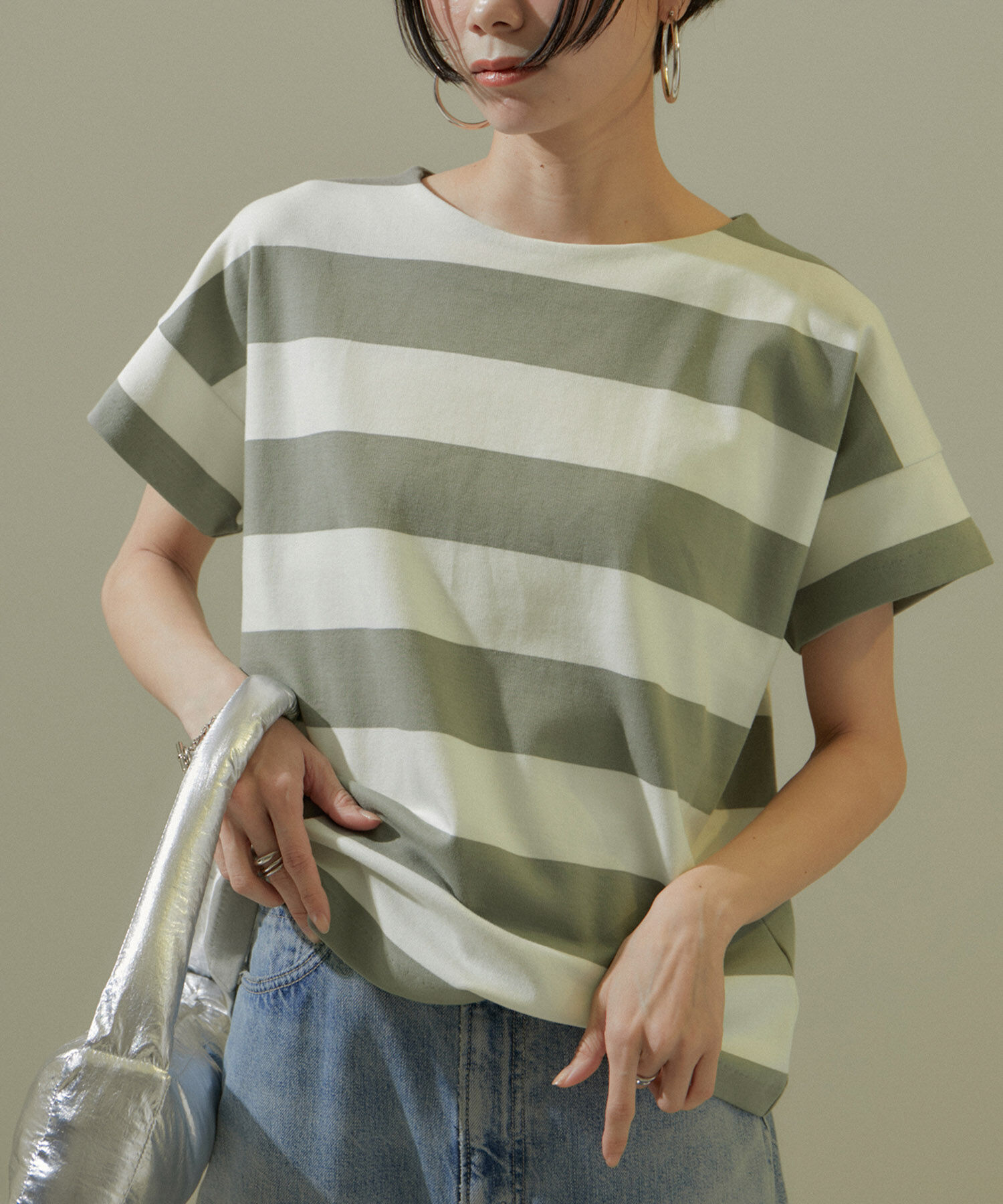 SALON adam et rope'「【WEB限定】ポンチワイドボーダーTシャツ」|Tシャツ・カットソー|オリーブ(37)