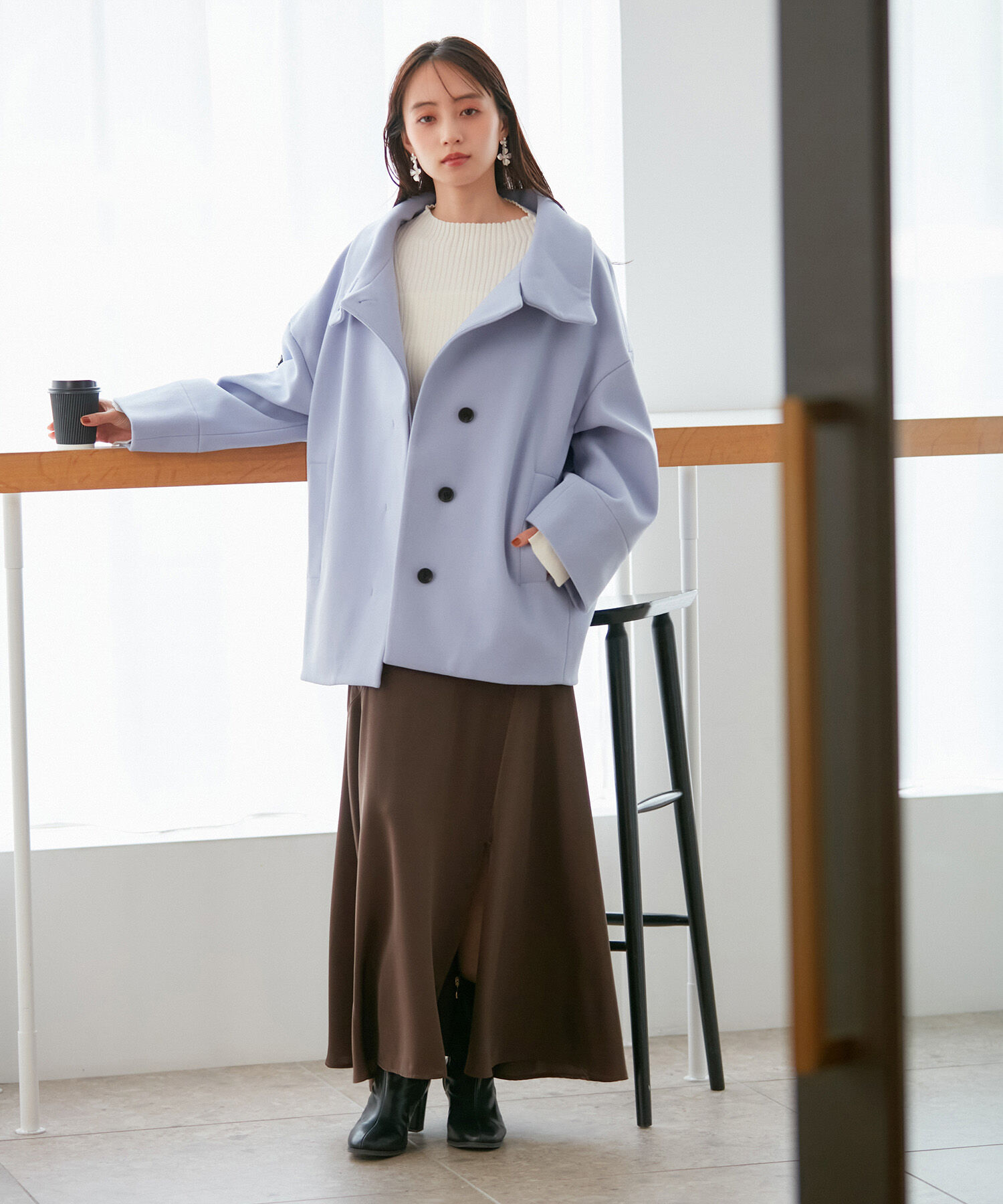 VIS「【静電気防止】ステン&スタンドカラージャージメルトンミドル丈コート」|ステンカラーコート|