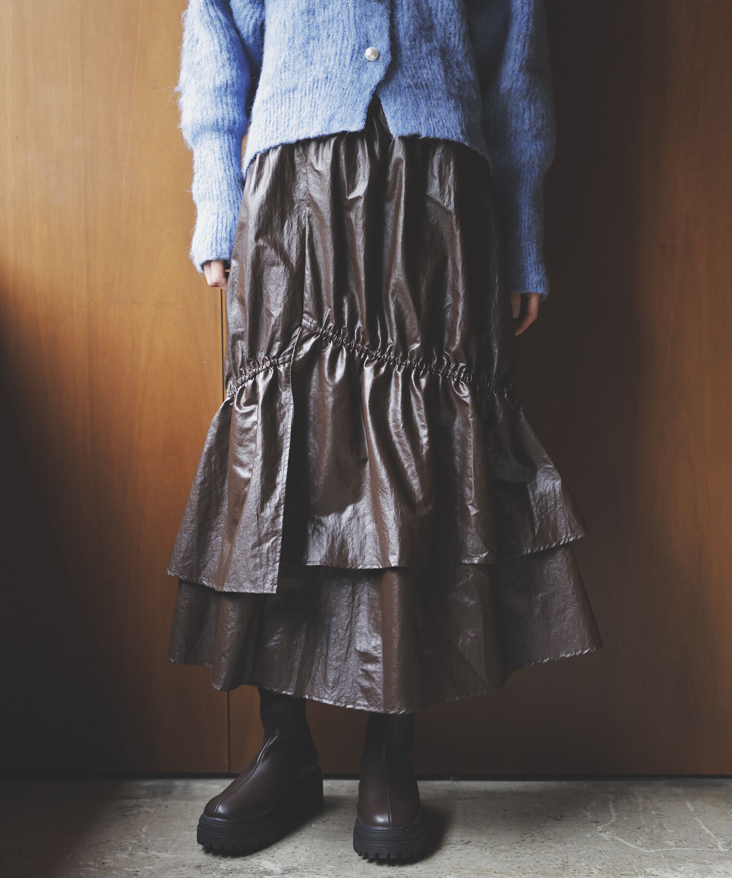 VIS「チンツ加工ギャザーロングスカート」|スカート|ダークブラウン系(21)