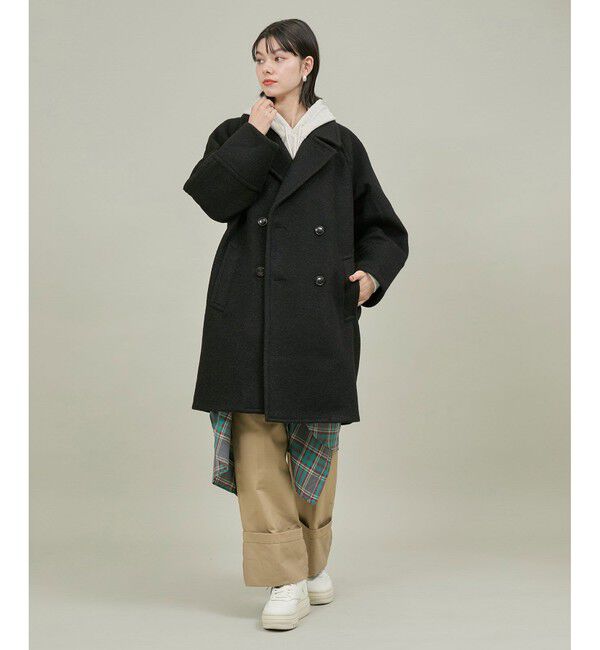 Rope&rsquo;Picnic「【WEB限定カラー:ブラック】ラムライク/チェックオーバーPコート」|ピーコート|