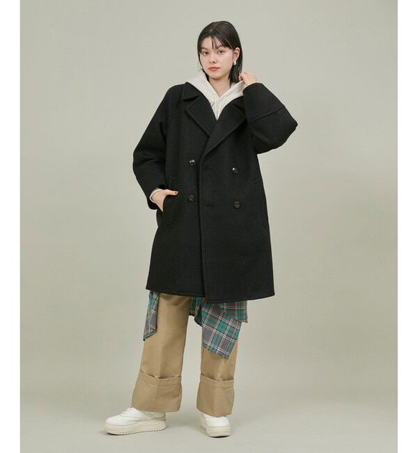 Rope&rsquo;Picnic「【WEB限定カラー:ブラック】ラムライク/チェックオーバーPコート」|ピーコート|