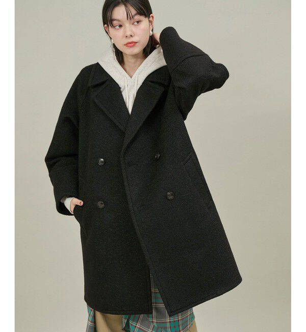 Rope&rsquo;Picnic「【WEB限定カラー:ブラック】ラムライク/チェックオーバーPコート」|ピーコート|