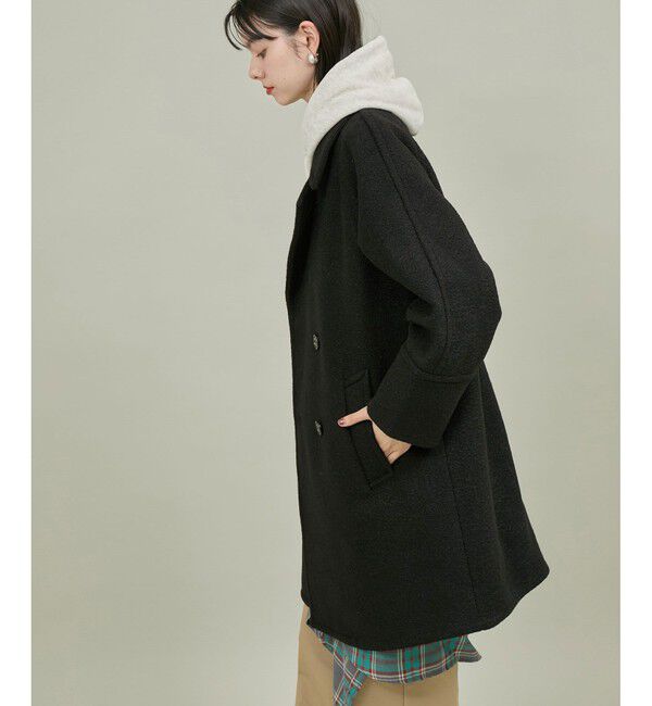 Rope&rsquo;Picnic「【WEB限定カラー:ブラック】ラムライク/チェックオーバーPコート」|ピーコート|