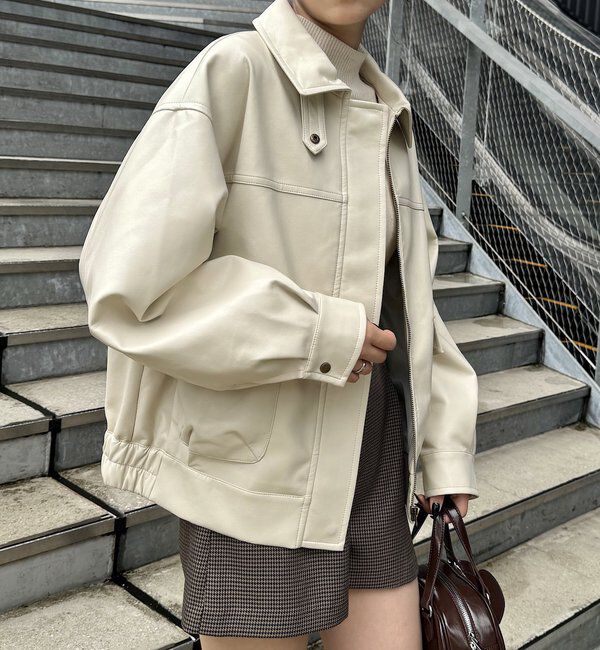  「【SNS総再生回数300万回突破！】フェイクレザーミドルルーズジャケット」|その他|アイボリー