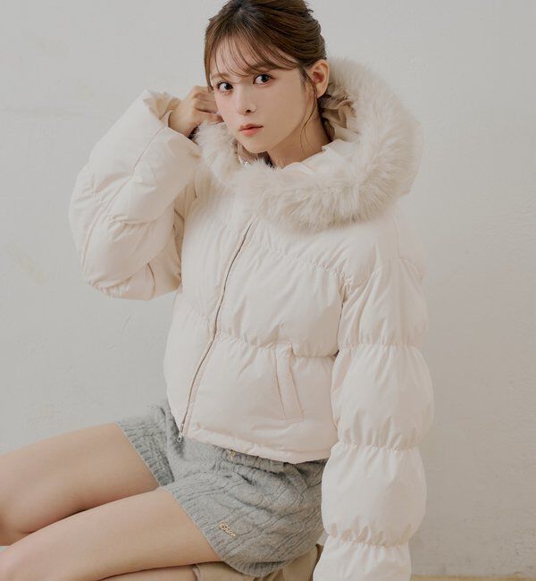  「ショート丈ファーフード中綿ブルゾン」|その他|アイボリー