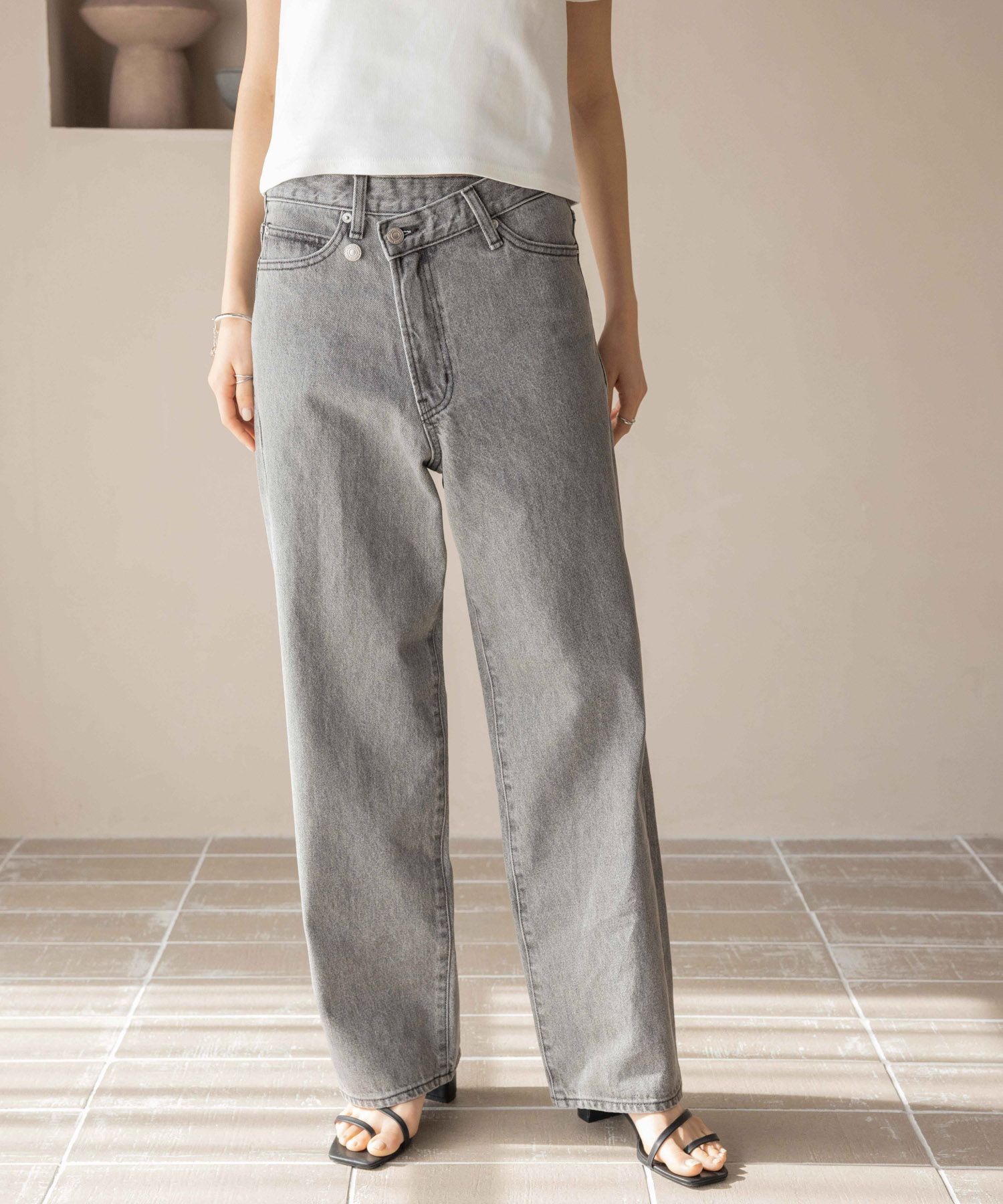 LOWRYS FARM「ＣＯＮＥ／アシメデニムパンツ」|デニム|ｸﾞﾚｰ