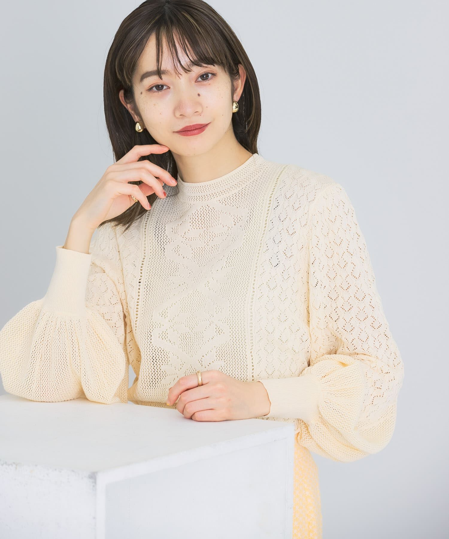  「ボリュームスリーブパターン編みニット」|ニット・セーター|