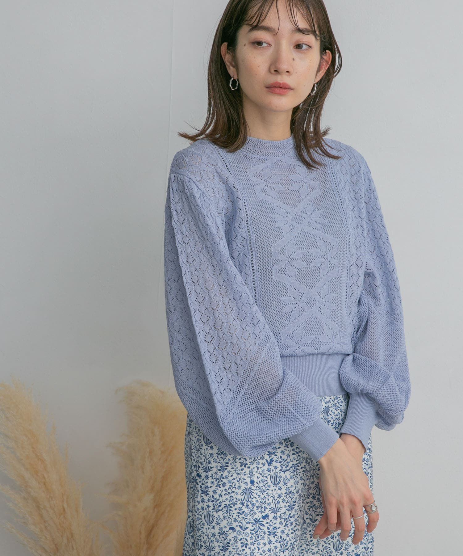  「ボリュームスリーブパターン編みニット」|ニット・セーター|