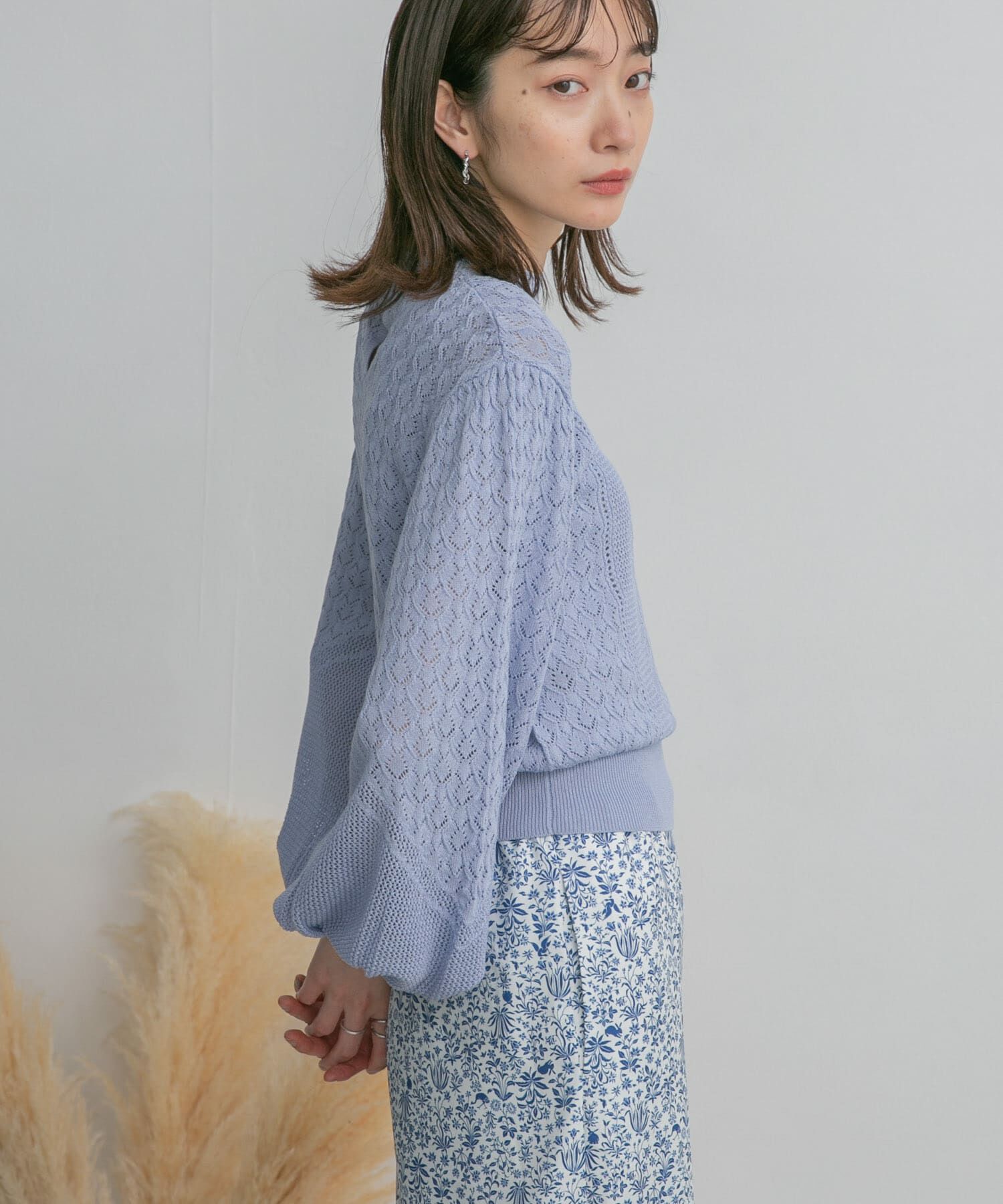  「ボリュームスリーブパターン編みニット」|ニット・セーター|