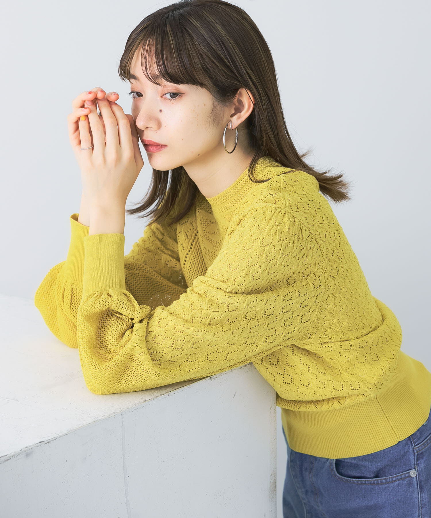  「ボリュームスリーブパターン編みニット」|ニット・セーター|イエロー