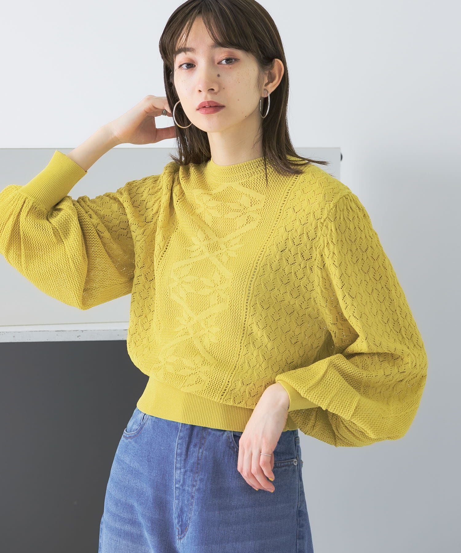  「ボリュームスリーブパターン編みニット」|ニット・セーター|