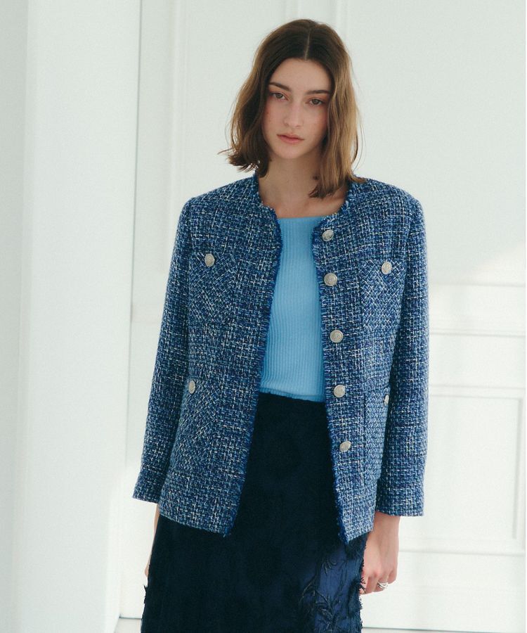 YECCA VECCA「ノーカラーツイードジャケット」|テーラードジャケット|
