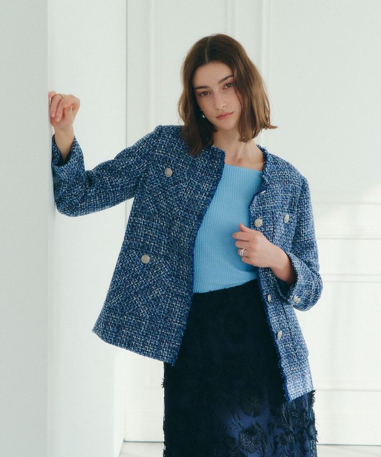 YECCA VECCA「ノーカラーツイードジャケット」|テーラードジャケット|