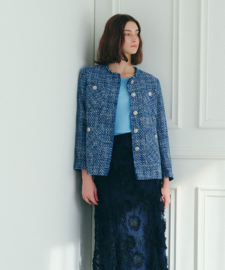 YECCA VECCA「ノーカラーツイードジャケット」|テーラードジャケット|