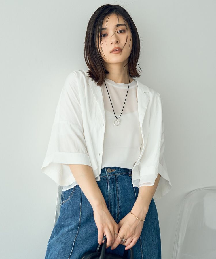 YECCA VECCA「クルーネック5分袖シアートップス」|Tシャツ・カットソー|