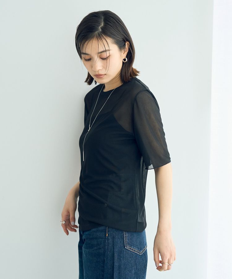 YECCA VECCA「クルーネック5分袖シアートップス」|Tシャツ・カットソー|