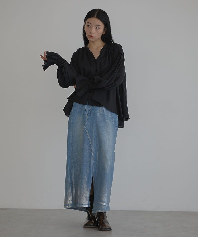 GARAGE OF GOOD CLOTHING「ラップ箔ロングデニムスカート」|フレア|