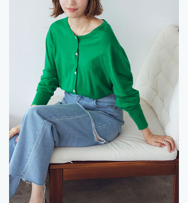 titivate「クルーネックライトニットカーディガン」|カーディガン|グリーン