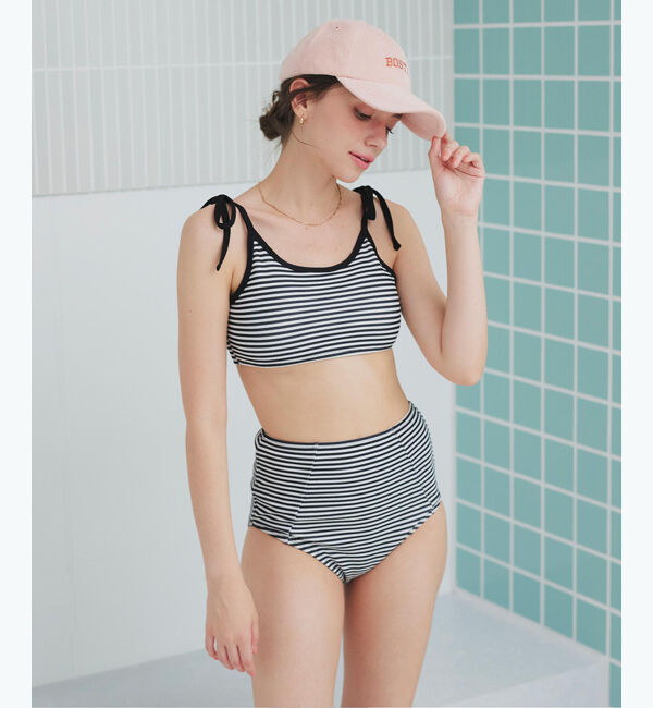 SEA DRESS「パイピングデザインハイウエストビキニ/水着」|ビキニ|ボーダー/ブラック