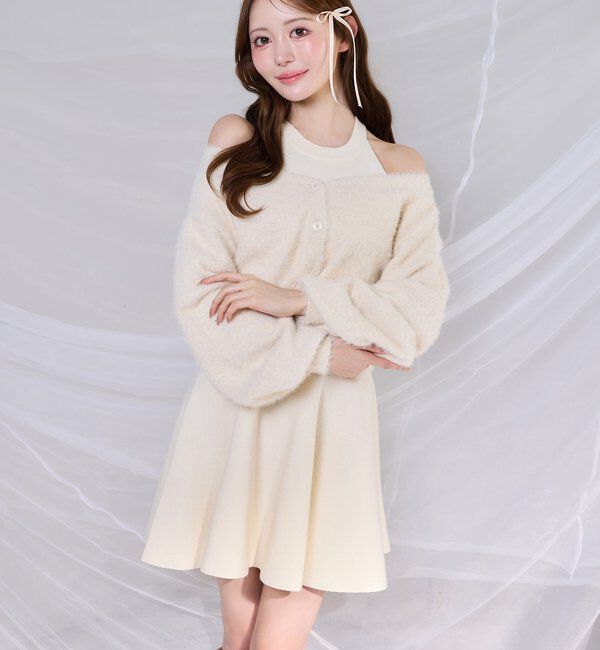  「2wayフェザーカーデSET後ろリボンニットミニワンピ」|ワンピース|