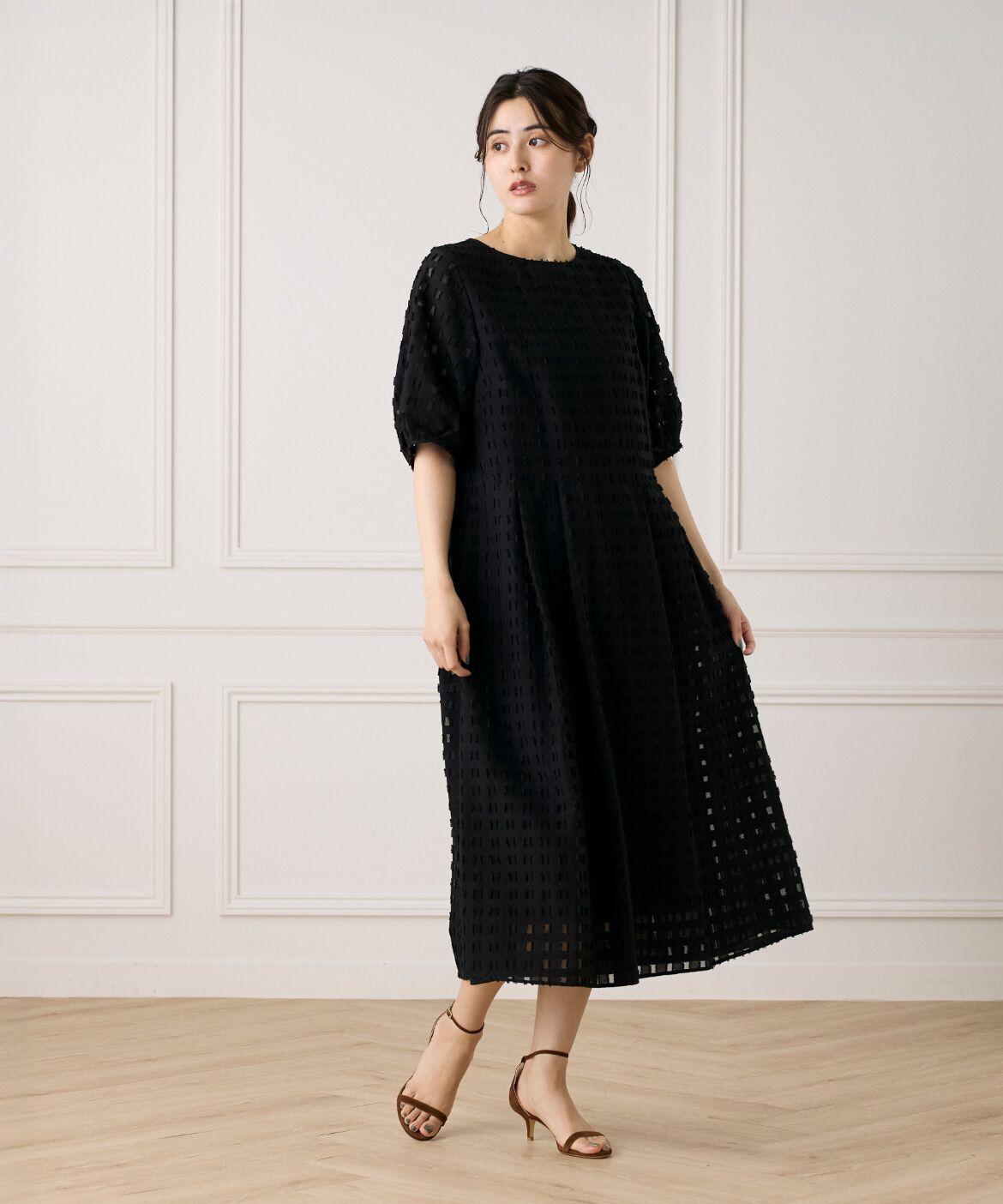 7-IDconcept.「《大きいサイズ》パフスリーブジャカードワンピース」|その他|