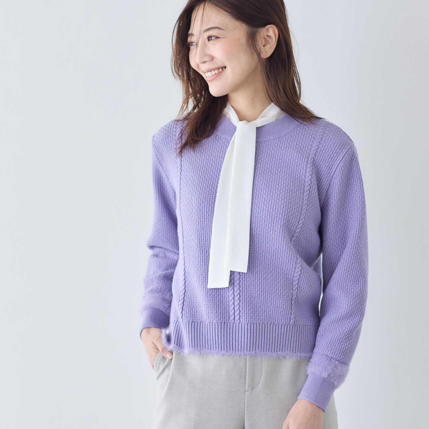 Reflect「【ほんのりラメ感◎】ケーブル柄ニット」|ニット・セーター|パープル(081)
