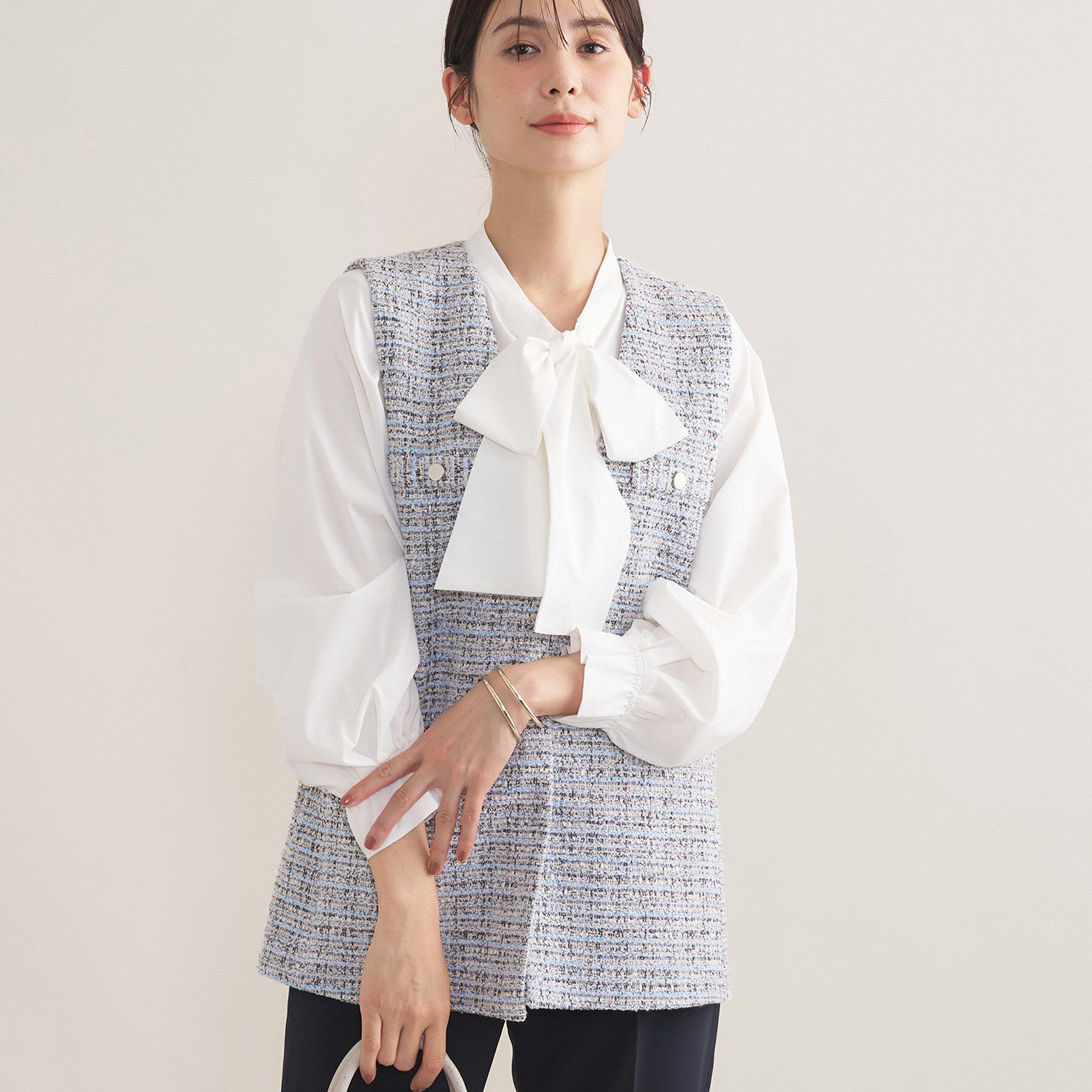 INDIVI「【2点セット／洗える／セレモニー】ツイードジレ＆ボウタイブラウス」|その他|サックスブルー(49