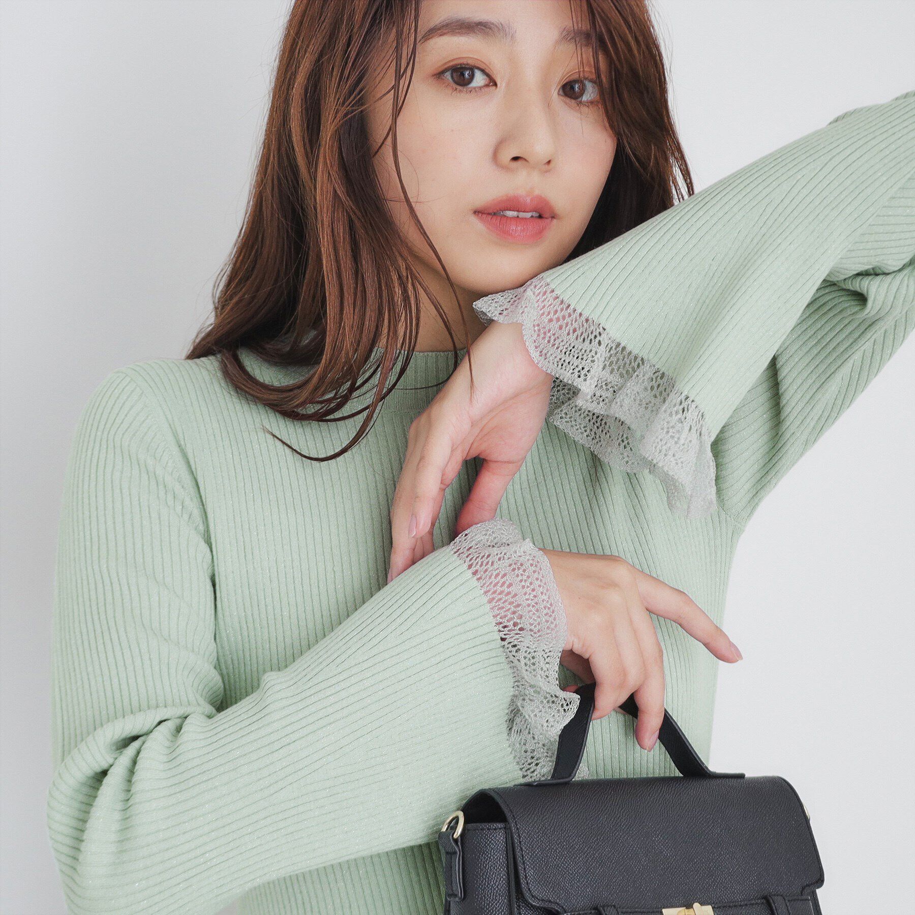 index「ハイネックラメフレアスリーブレースニット【洗濯機洗い可】」|ニット・セーター|ミントグリーン(62