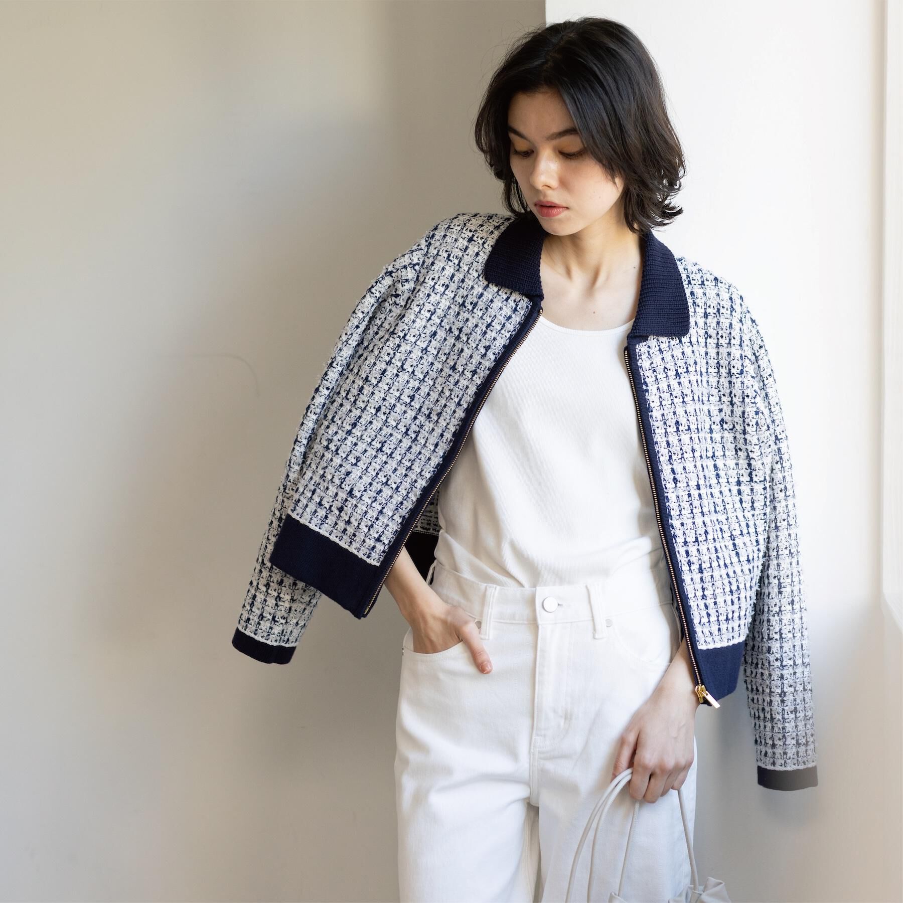 OPAQUE.CLIP「ツイードライクZIPニットカーディガン」|カーディガン|