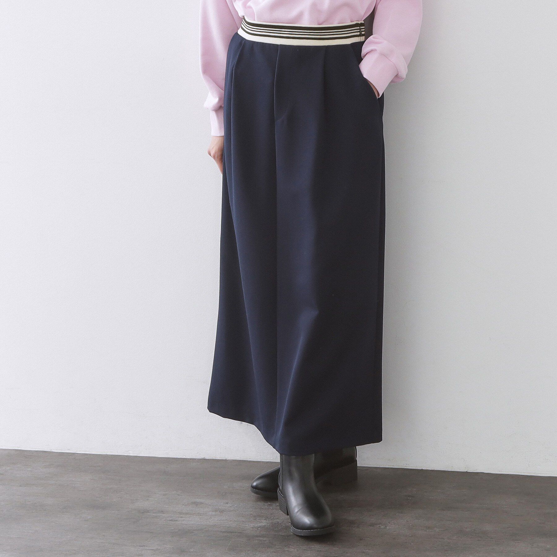 OPAQUE.CLIP「ボーダーリブ使いナロースカート【洗濯機OK】」|スカート|ネイビー(094)