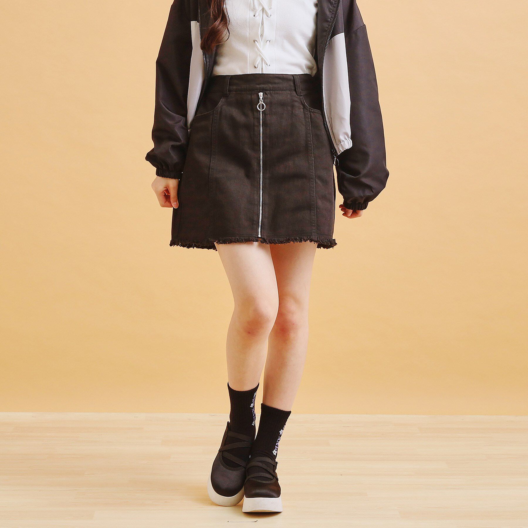 PINK-latte「リングジップ台形スカート」|スカート|ブラック(019)