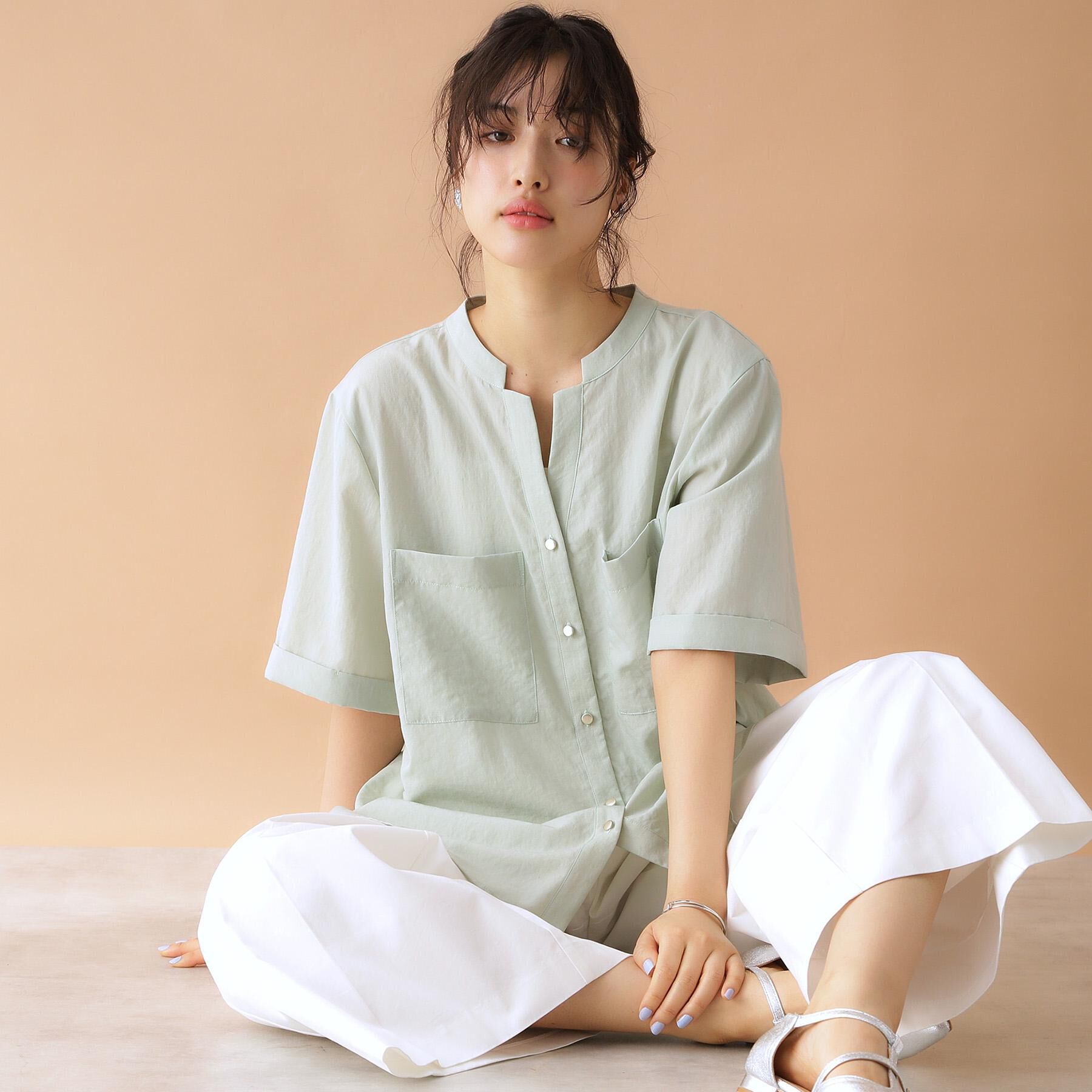 THE SHOP TK「ダブルポケット5分袖シャツ【体型カバー/洗濯機OK】」|シャツ・ブラウス|ミントグリーン(02