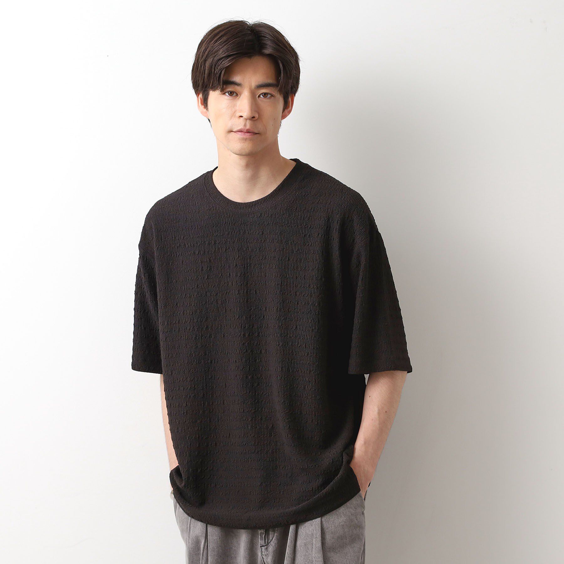 THE SHOP TK「楊柳ボーダー半袖Tシャツ【洗濯機OK】」|Tシャツ・カットソー|ブラック(019)