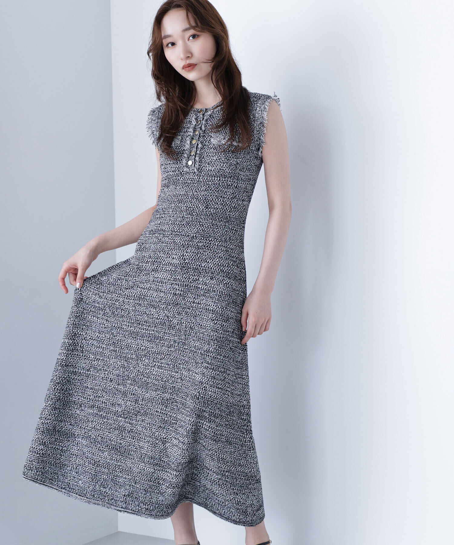  「フリンジツイードニットワンピース」|ワンピース|