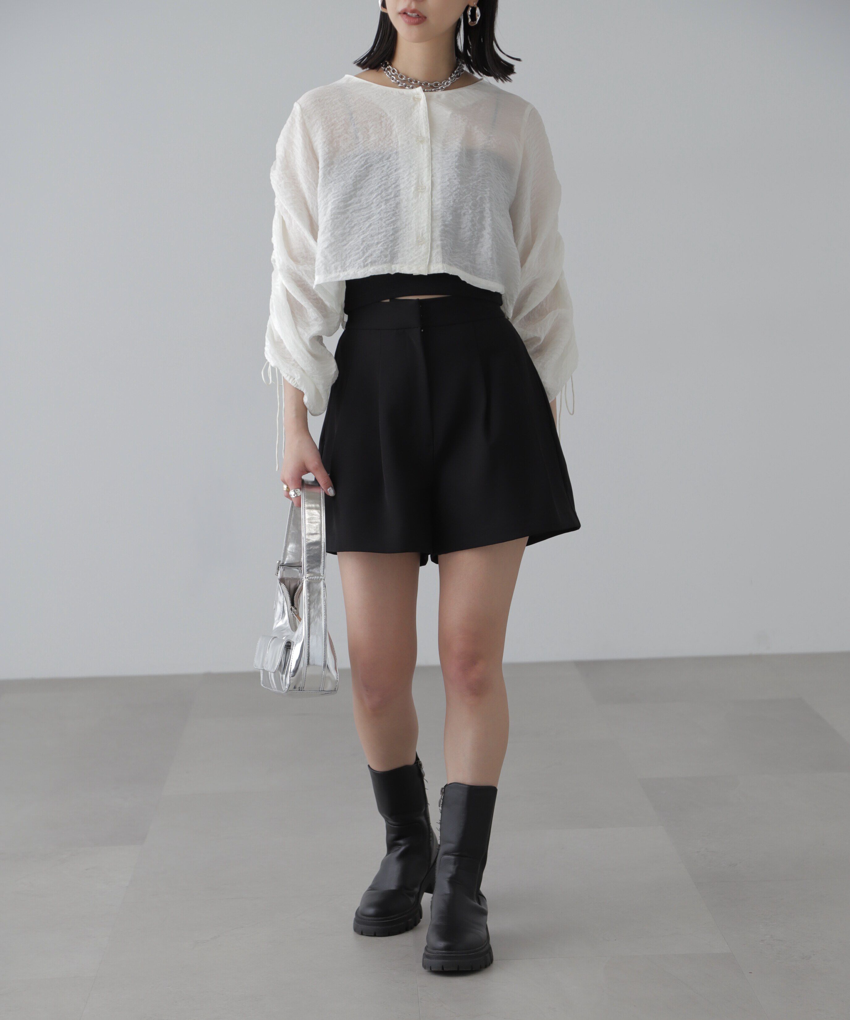  「［グレーカラーWEB限定］袖ドロストギャザーボレロ」|シャツ・ブラウス|