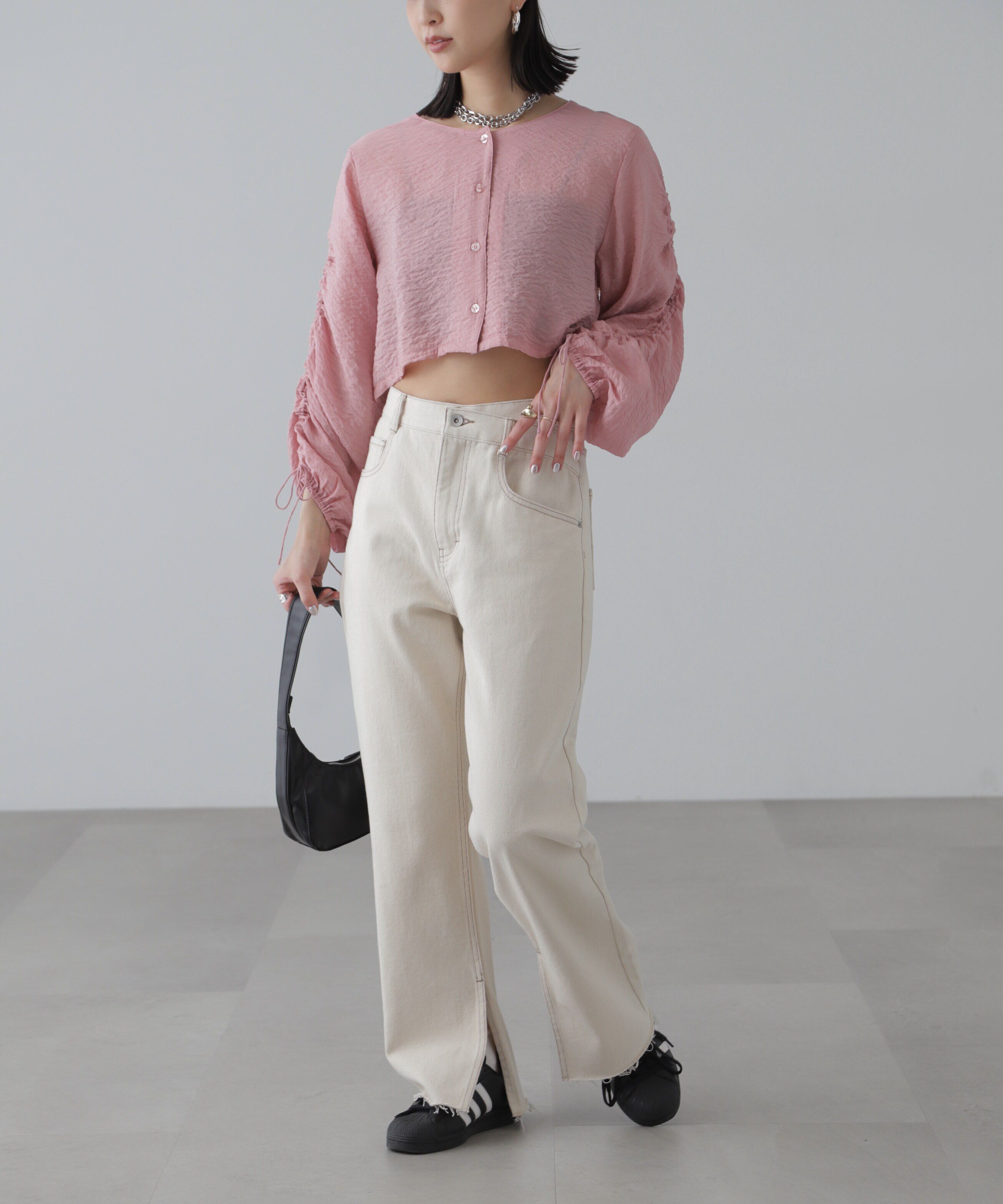  「［グレーカラーWEB限定］袖ドロストギャザーボレロ」|シャツ・ブラウス|