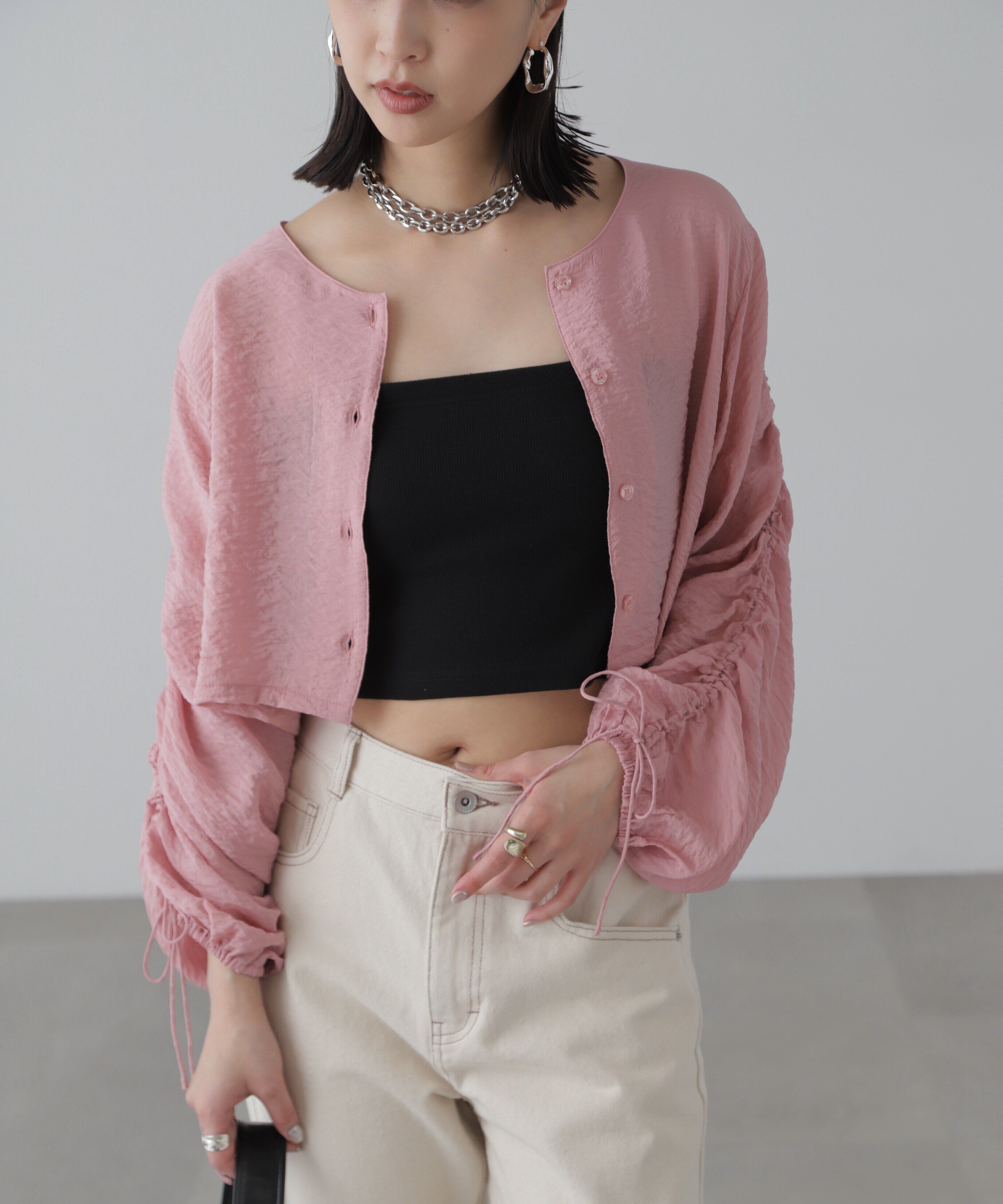  「［グレーカラーWEB限定］袖ドロストギャザーボレロ」|シャツ・ブラウス|