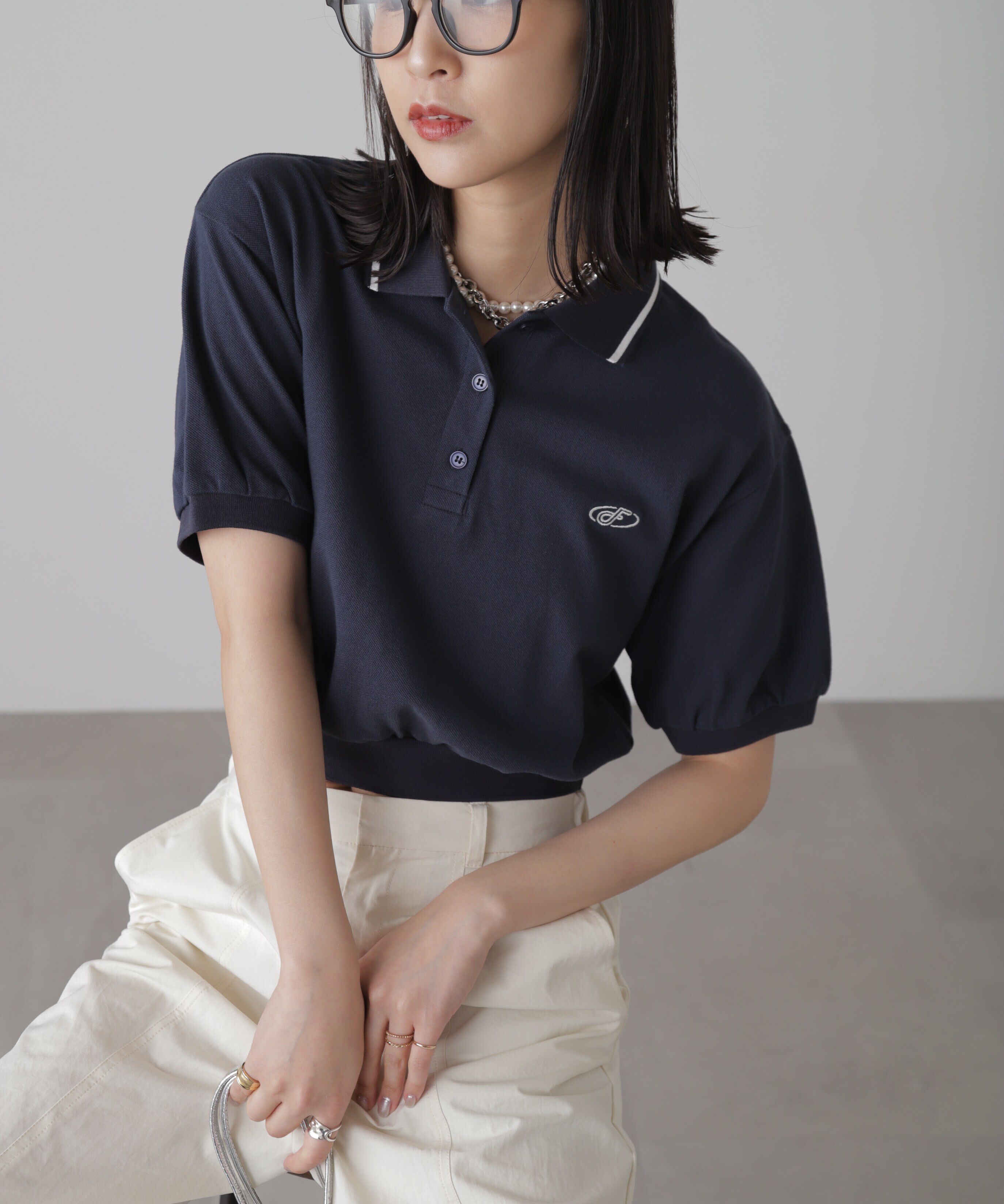  「パフスリーブショート丈ポロシャツ」|Tシャツ・カットソー|ネイビー