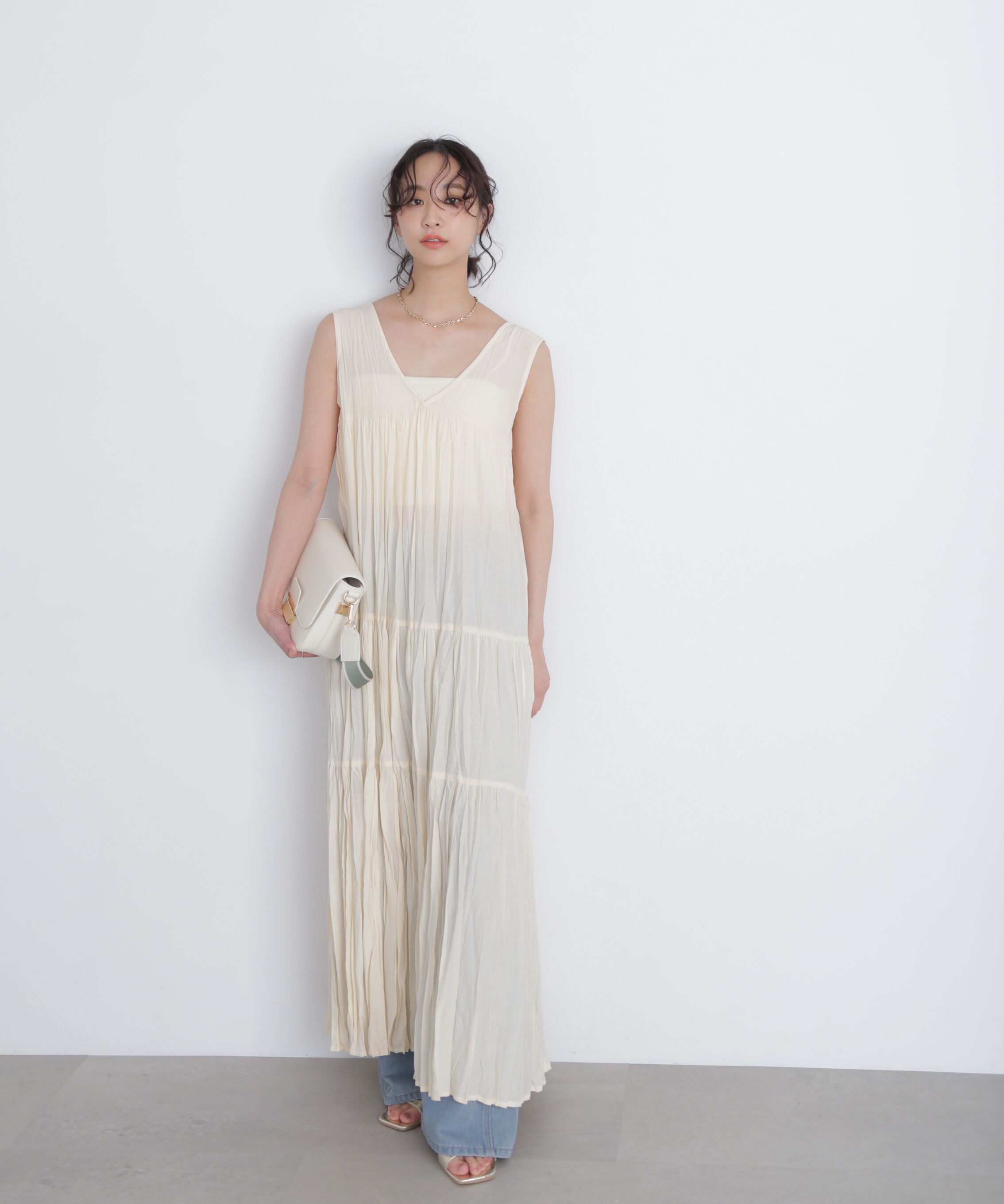  「ワッシャーティアードノースリーブワンピース」|ワンピース|