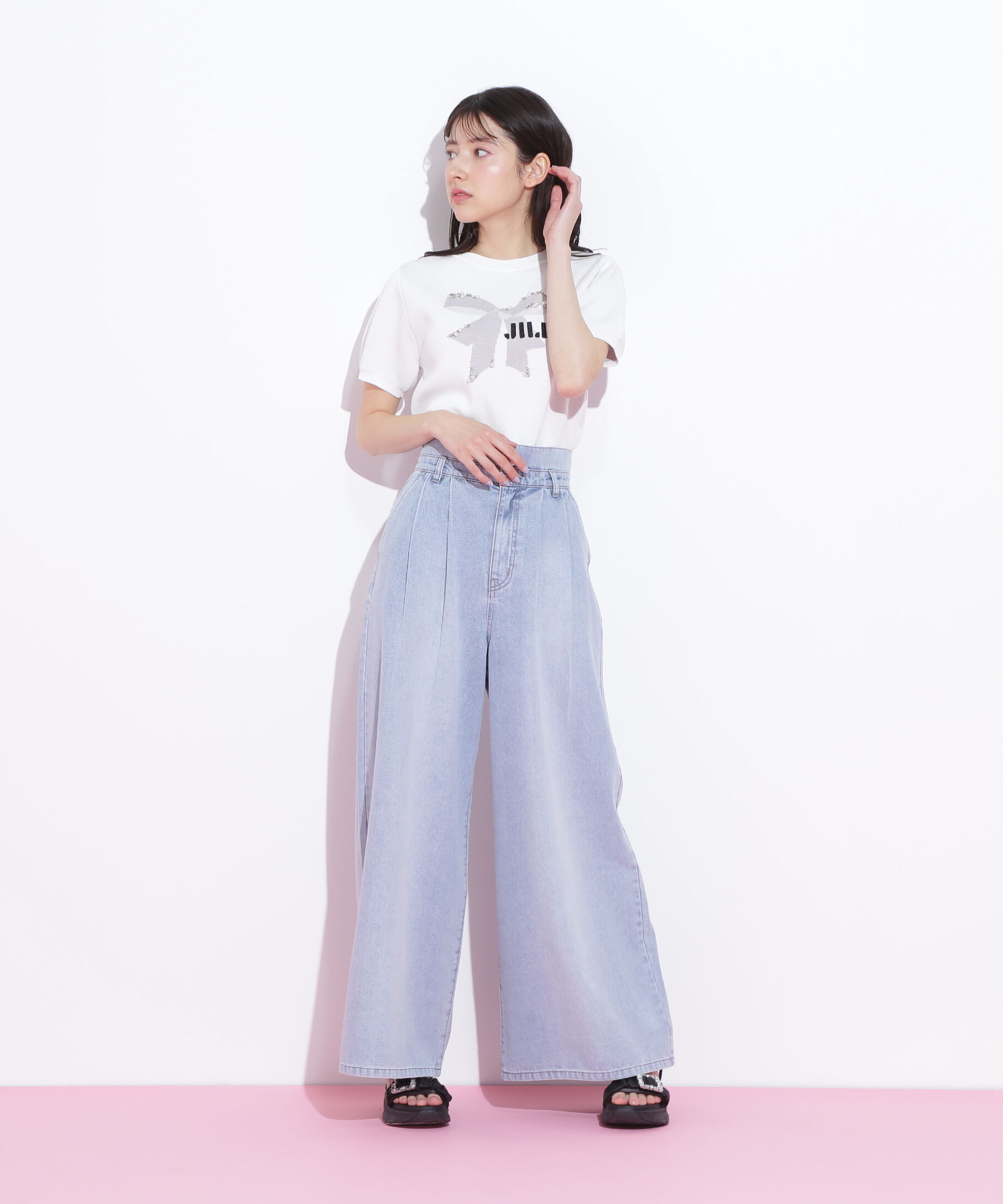  「リボンジャガードビジューニットトップス」|ニット・セーター|