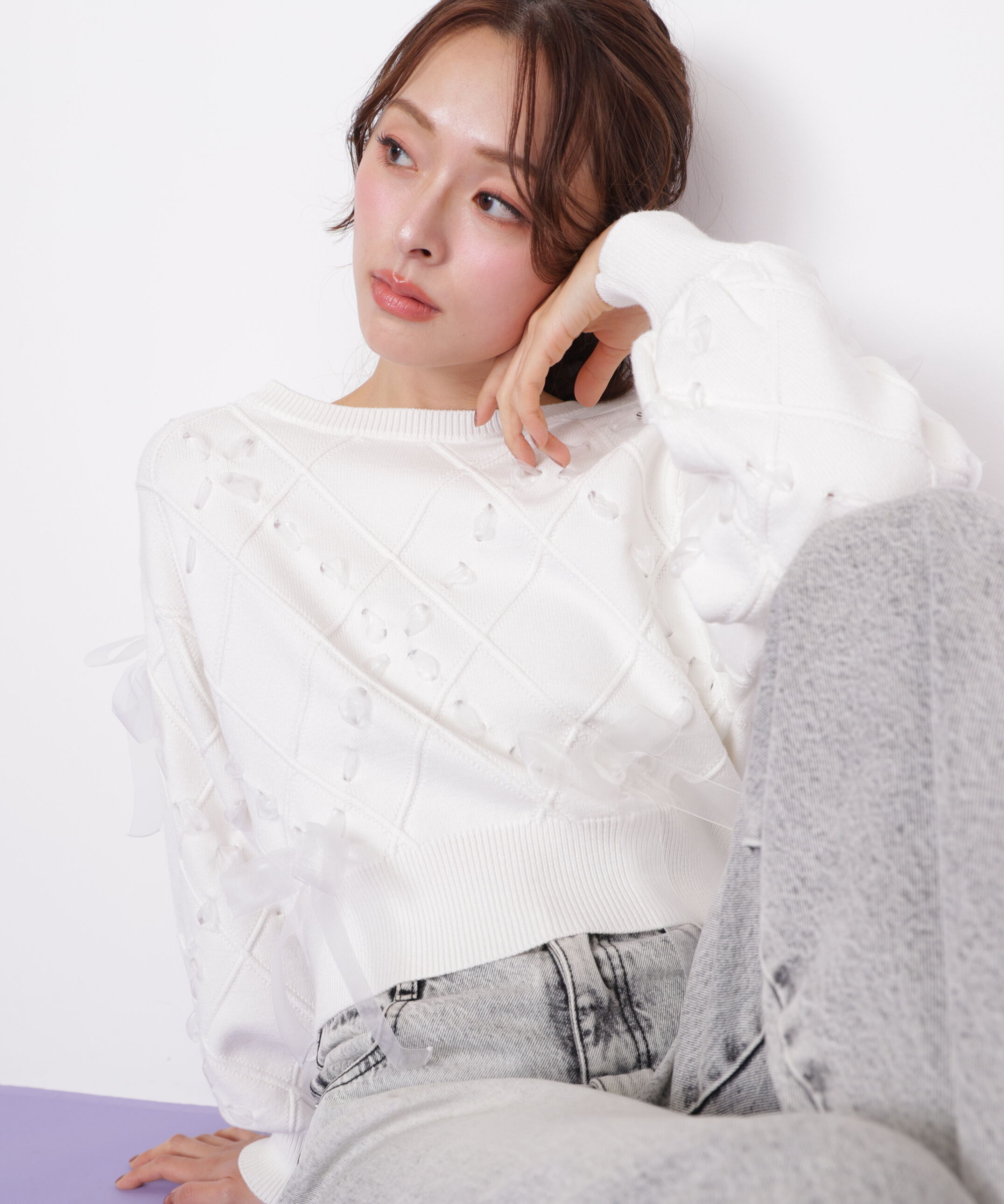  「ダイヤ柄リボンニット」|ニット・セーター|