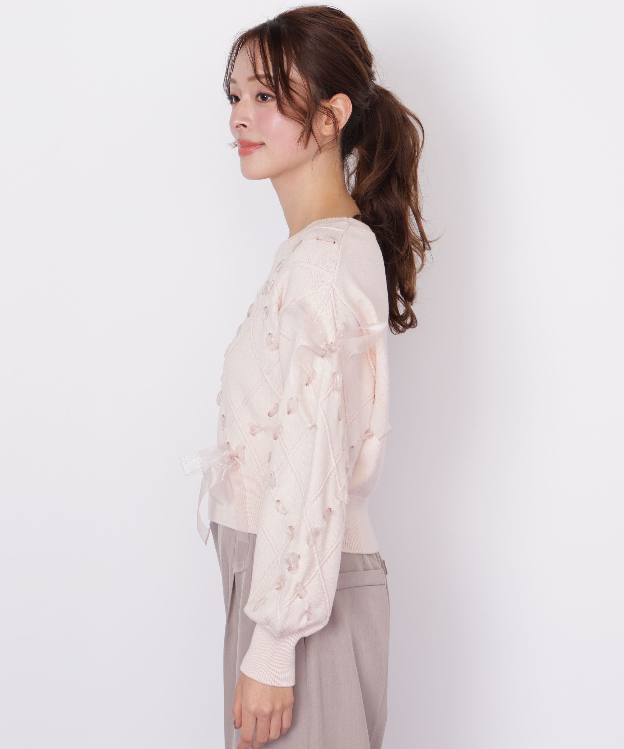  「ダイヤ柄リボンニット」|ニット・セーター|