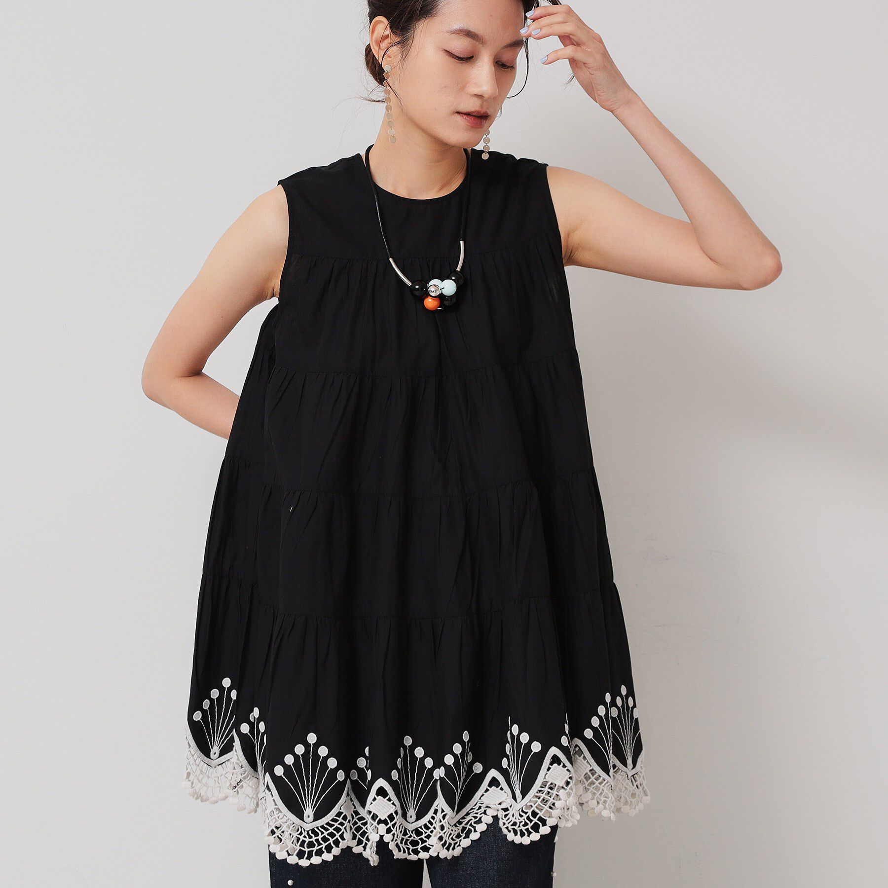 SunaUna「【裾スカラ刺繍／綿ボイル】ティアードブラウス」|シャツ・ブラウス|