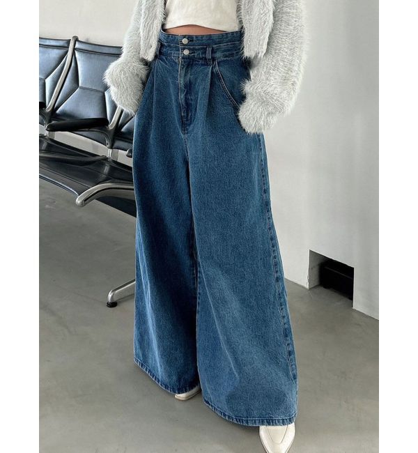 dazzlin「ダブルハイウエストワイドデニムパンツ」|デニム|インディゴ