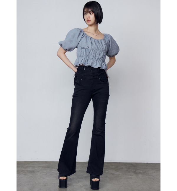EMODA「リボンストリングフレアハイウエストパギンス」|デニム|