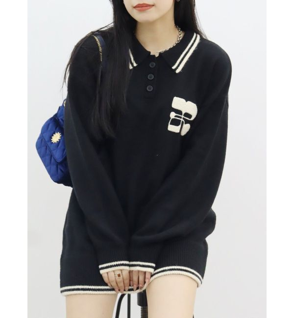 EVRIS「ワンポイントポロニットトップス」|ニット・セーター|ブラック