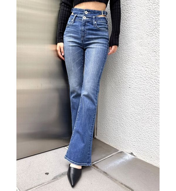GYDA「ハイウエストSIDE BELT CUTデザインフレアデニムパンツ」|デニム|ブルー