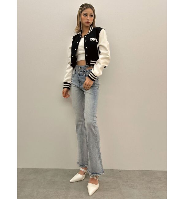 GYDA「ハイウエストSIDE BELT CUTデザインフレアデニムパンツ」|デニム|