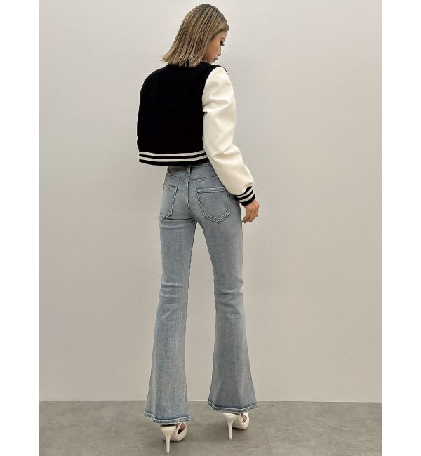 GYDA「ハイウエストSIDE BELT CUTデザインフレアデニムパンツ」|デニム|